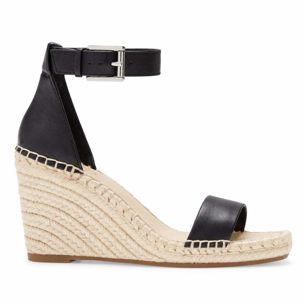 Vince Camuto Meddrina Women Wedge Sandal 11 Black Leather Espadrille Ankle Strap